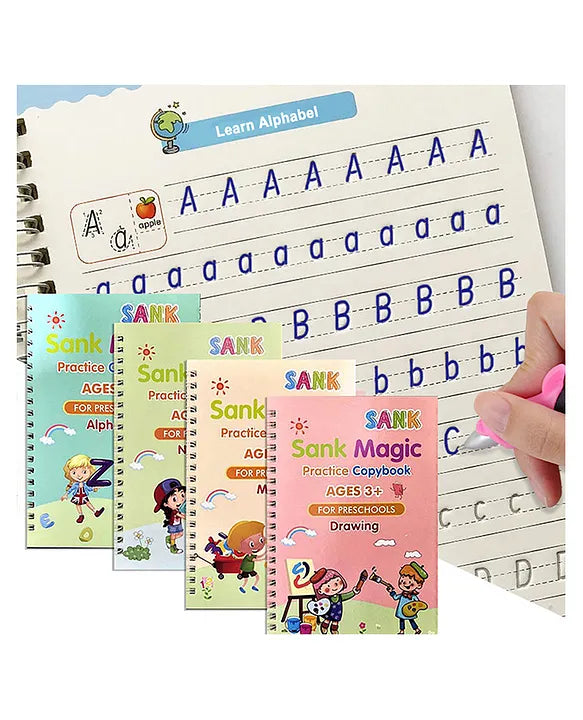 Sank Magic Practice Reusable Tracing Book Set – English Letters, Numbers & Drawing (Pack of 4 + 1 Pen Set + 10 Refills)